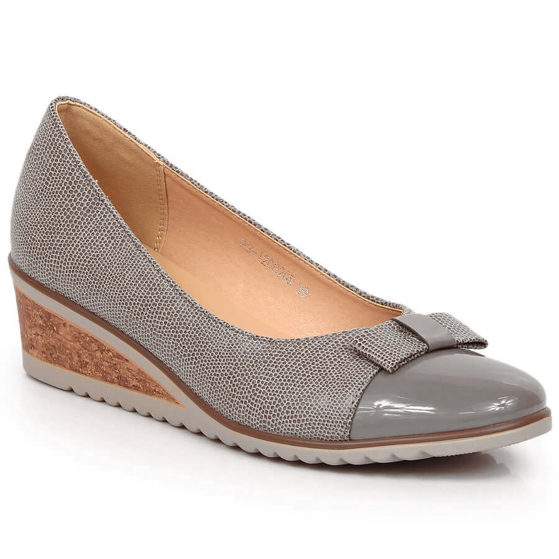 Czółenka damskie na koturnie z kokardką szare Potocki SZ12062