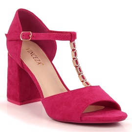Sandały zamszowe damskie na słupku z cyrkoniami fuksja Vinceza 20195 różowe