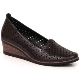 Półbuty damskie połyskujące na koturnie ażurowe czarne Potocki SZ12018