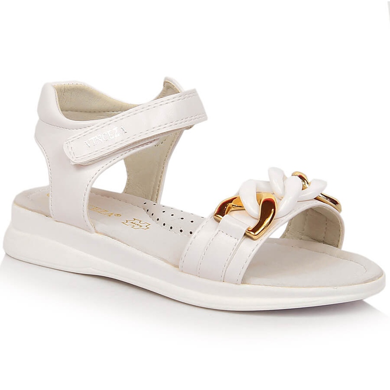 Sandały dziewczęce z łańcuszkiem na rzep białe Vinceza 36127