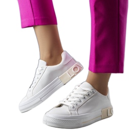 Biało-beżowe tenisówki zdobione napisem Nora beżowy