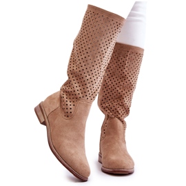 S.Barski Damskie Zamszowe Ażurowe Kozaki Przed Kolano Beżowe Savannah beżowy