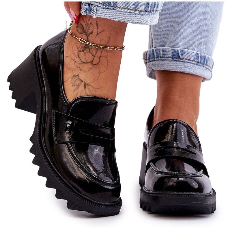 S.Barski Lakierowane Czółenka Mokasyny Na Obcasie Czarne Jay