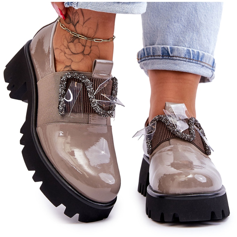 S.Barski Lakierowane Półbuty Z Ozdobami Szare Keily