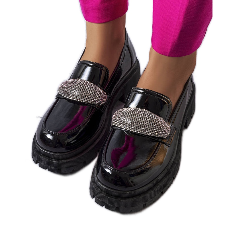 Czarne lakierowane półbuty z cyrkoniami Mouss