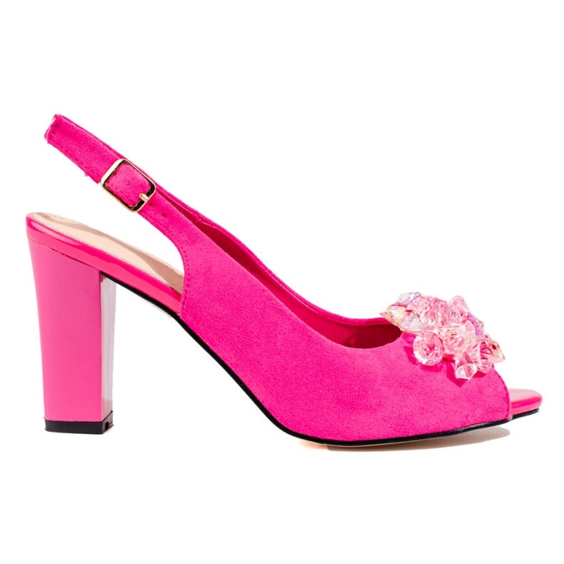 Damskie sandały na słupku z kryształkami Shelovet zamszowe różowe