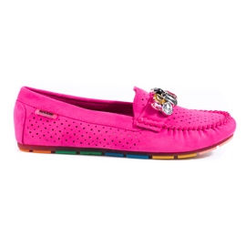 Różowe damskie mokasyny ażurowe z kryształkami Shelovet zamszowe