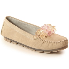Skórzane mokasyny damskie z kryształkami beżowe Filippo DP4549 beżowy