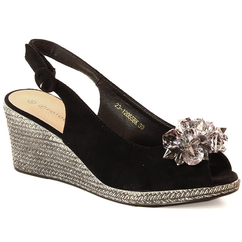 Sandały damskie na koturnie zamszowe z kryształkami czarne Potocki SZ12055