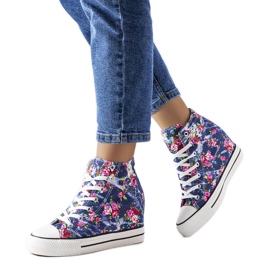 BM Granatowe trampki w kwiaty na koturnie Fouquet niebieskie