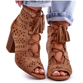 FB1 Botki Ażurowe Na Obcasie Camel Letya beżowy