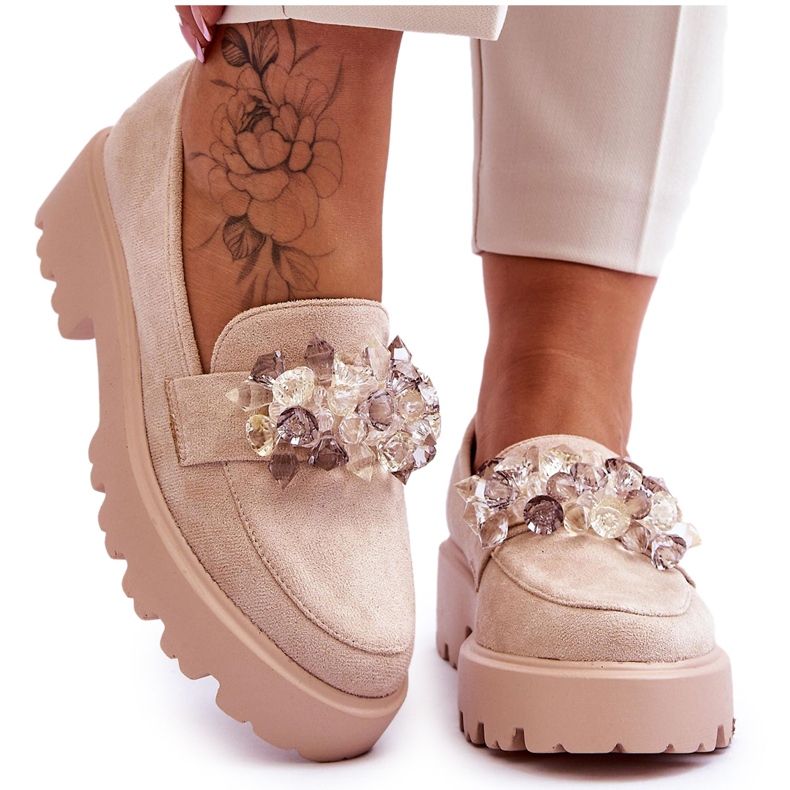FB2 Damskie Mokasyny Na Platformie Z Ozdobami Beżowe Brenda beżowy