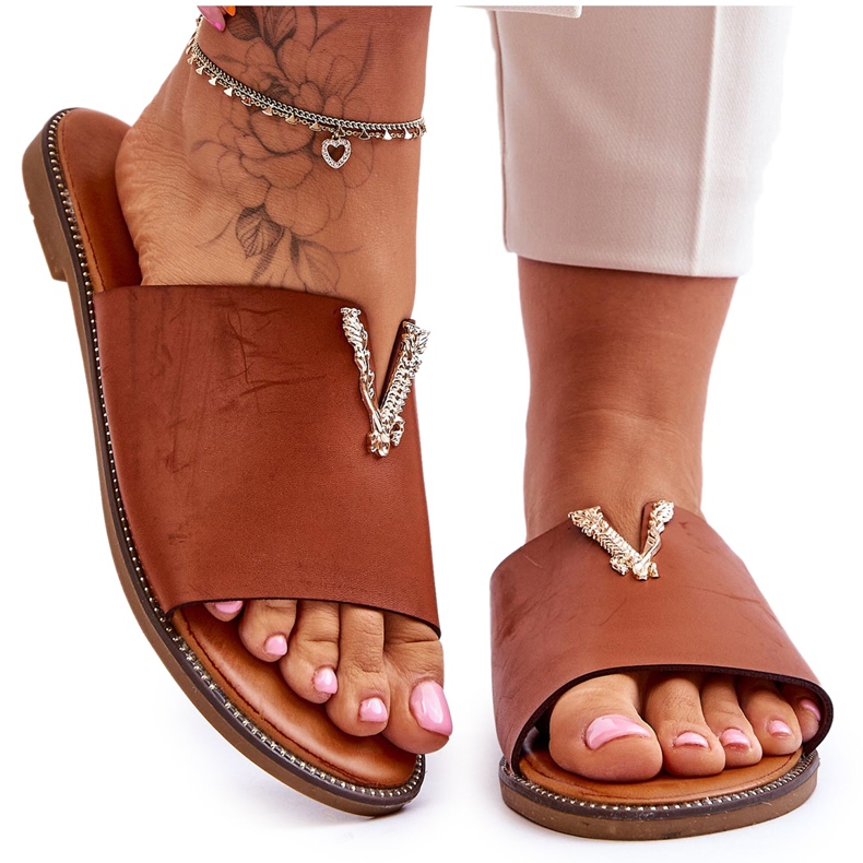 FJ1 Damskie Klasyczne Klapki Z Ozdobą Camel Bertha brązowe