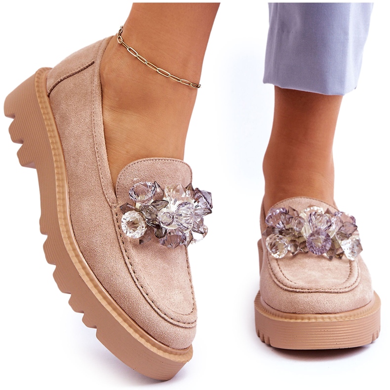 Vinceza Modne Zamszowe Mokasyny Z Kryształkami Beżowe Demeris beżowy