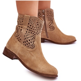 Damskie Zamszowe Ażurowe Botki Lewski Shoes 3301 Beżowe beżowy