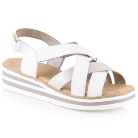 Skórzane komfortowe sandały damskie na koturnie białe Rieker V0279-80