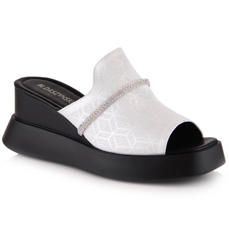 M. DASZYŃSKI Klapki damskie na koturnie srebrne M.Daszyński SA209-2 srebrny