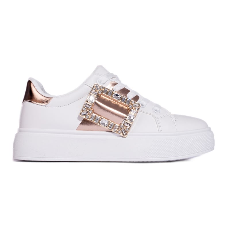 Białe damskie buty sneakersy ze złotą wstawką Shelovet