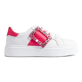 Białe damskie buty sneakersy z różową wstawką Shelovet