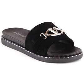 Klapki damskie zamszowe z ozdobą czarne Vinceza 30183