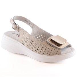 Skórzane sandały damskie komfortowe na koturnie beżowe S.Barski BN291 beżowy