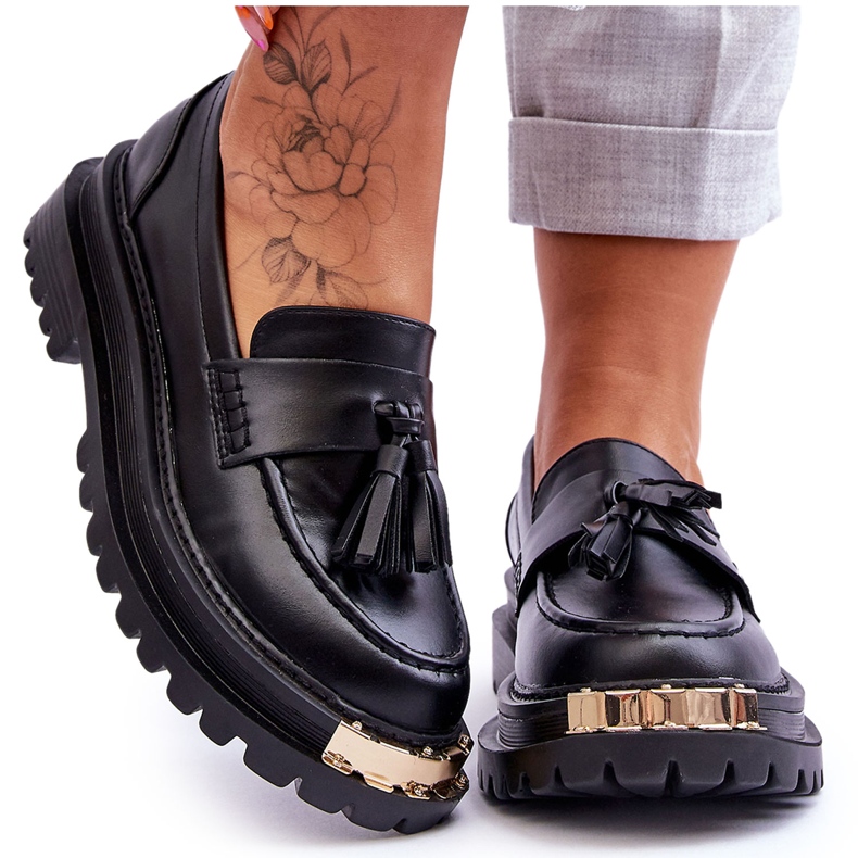 Damskie mokasyny z frędzlami i ozdobą czarne