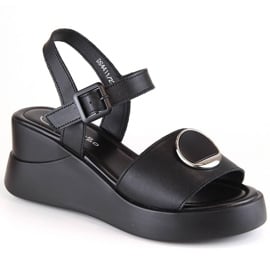 Skórzane sandały damskie na koturnie czarne Filippo DS4411