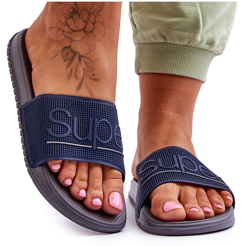 Lekkie Damskie Klapki Z Napisem Granatowo-Szare Merry niebieskie