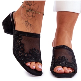 Klapki Na Obcasie Z Siateczką S.Barski KV-612-1 Czarne