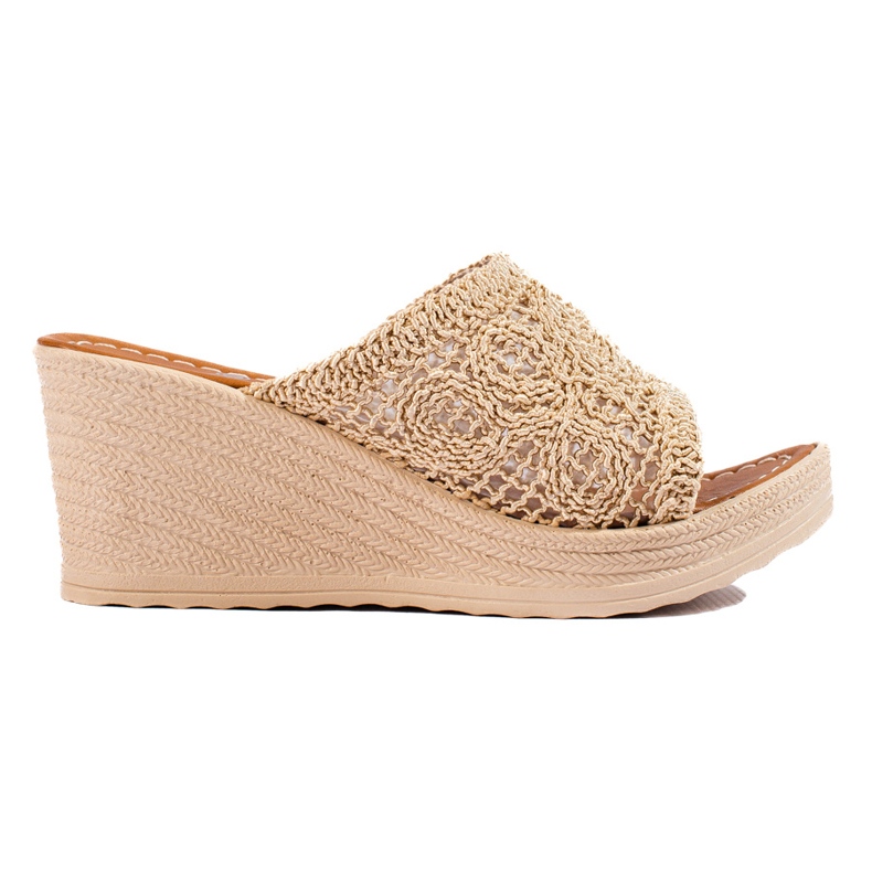 W. Potocki Klapki damskie na koturnie z ażurowym paskiem beżowe Potocki beżowy