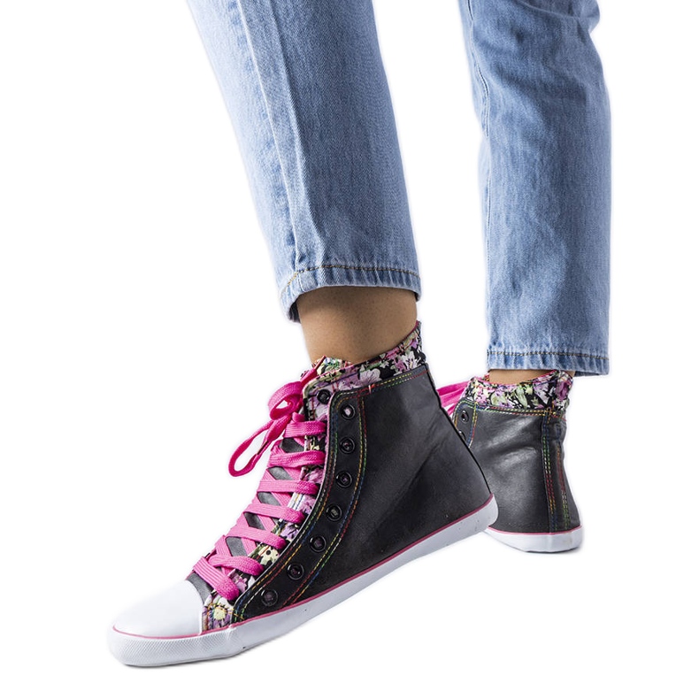 Czarne trampki za kostkę w kwiaty Marphisa