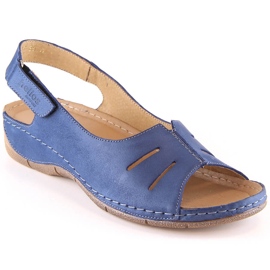 Skórzane komfortowe sandały damskie na rzep granatowe Helios 117 niebieskie