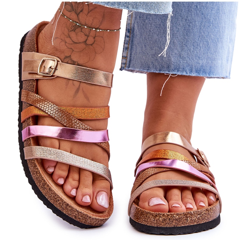 FB2 Damskie Klapki Na Platformie Z Paskami Złote Clover złoty