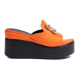 Klapki zamszowe na wysokiej koturnie Shelovet pomarańczowe