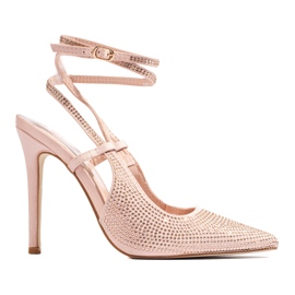 Czółenka na wysokiej szpilce z kryształkami beżowe Shelovet beżowy