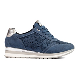 Damskie sneakersy skórzane na koturnie granatowe Shelovet niebieskie