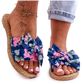 FK1 Damskie Klapki Z Materiałową Kokardą Granatowe Blossom niebieskie