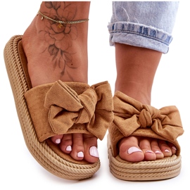 FK1 Damskie Zamszowe Klapki Z Kokardą Camel Fency brązowe