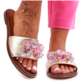 Skórzane Damskie Klapki Z Ozdobą Nicole 2726/064 Złote złoty