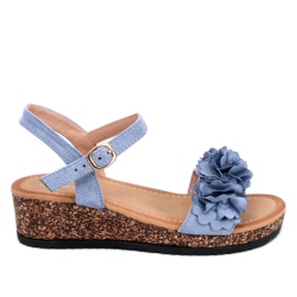 Sandałki na koturnie z kwiatami Pionter Blue niebieskie