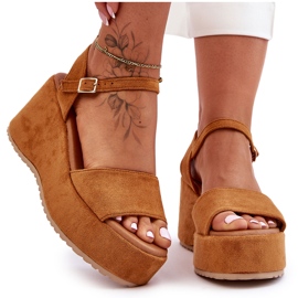 Damskie Zamszowe Sandałki Na Koturnie Camel Lydia brązowe
