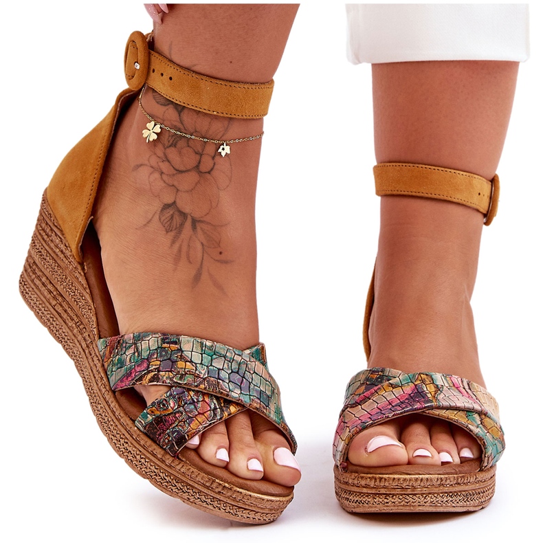 Zamszowe Sandały Na Koturnie Maciejka 04565-43 Pomarańczowe