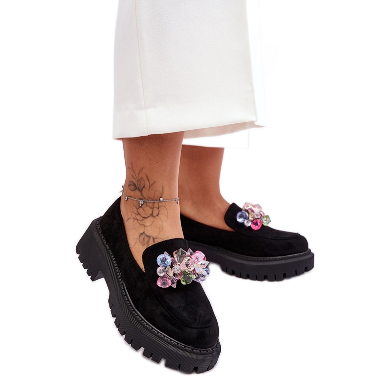 PS1 Damskie Mokasyny Z Ozdobnymi Kryształami Czarne Avril