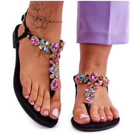 Zamszowe Sandały Japonki Z Kamieniami Czarne Frency