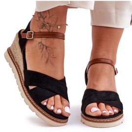 Lekkie Zamszowe Sandały Na Koturnie Czarne Celine