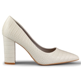 Jasne czółenka na słupku z ekoskóry szare