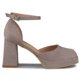 Czółenka na szerokim obcasie zapinane na kostce szare