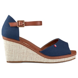 Granatowe sandały damskie na koturnie Tomm niebieskie