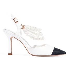 Czółenka białe na szpilce z perłami Shelovet