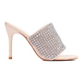 Eleganckie klapki na obcasie z cyrkoniami Shelovet beżowe beżowy